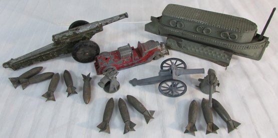 LOT Of Vintage Small METAL TOYS, Includes Cannon, Boat & Bombs