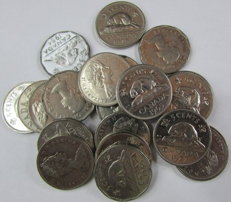 SET Of 20 COINS! Authentic CANADA Issue, BEAVER NICKELS $.05, Mixed Dates, Discontinued Type Coins