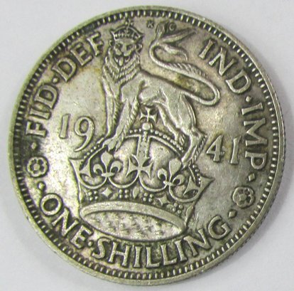 Authentic GREAT BRITAIN Coin, Dated 1941, One 1 Shilling, Silver Content, Discontinued Design