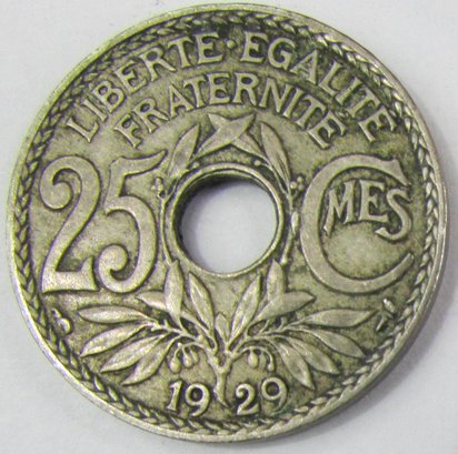 Authentic FRANCE Issue Coin, Dated 1929, Twenty Five 25 CENTIMES, Copper Nickel Content, Discontinued Style