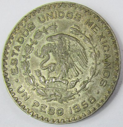 Authentic MEXICO Issue Coin, Dated 1958, One 1 Peso Denomination, Jose Morelos, Silver Content, Discontinued