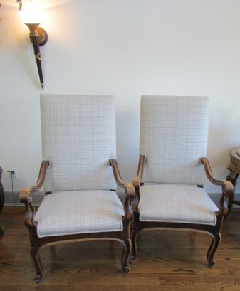 SET Of 2! Contemporary HIGH BACK Armchairs, NEUTRAL Upholstery, Distressed Wood Arm & Legs