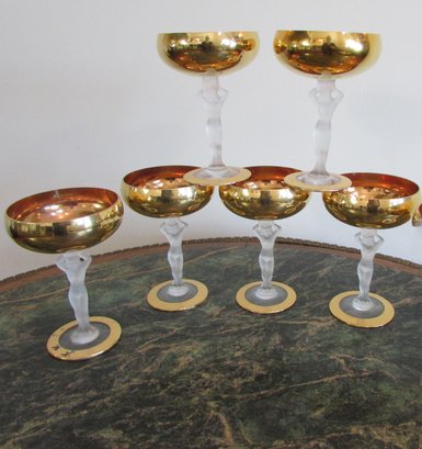 SET Of 6! Vintage BAYEL Brand, Tall CHAMPAGNE Glasses, FROSTED NUDE Pattern, GOLD Electroplate, Approx 6'