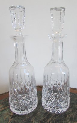 SET Of 2! Signed WATERFORD Lead Crystal, Tall DECANTERS & Stoppers, Popular LISMORE Pattern, Approx 13' Tall