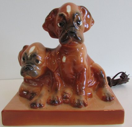 Vintage MCM TV Accent Lamp, Pair Of Whimsical PUPPIES Design, Brown Tones, Ceramic Base, Approx 10'