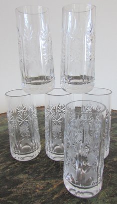 SET Of 6! Vintage HIGHBALL Glasses Tumblers, Etched PINWHEEL Pattern, Approx 5' Tall