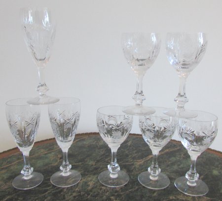 SET Of 8! Vintage STEMWARE Glasses, Etched PINWHEEL Design, 2 SIZES, Fine Crystal Glass, Largest Appx 7' Tall