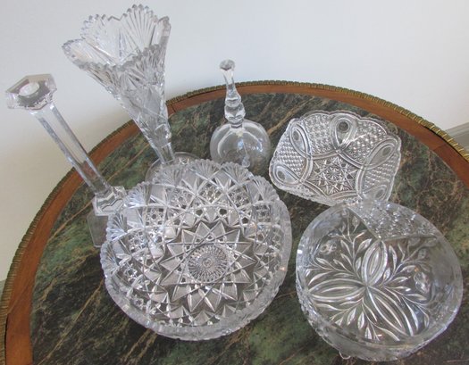 Set 6 Pcs! Vintage Pressed & Cut Crystal, Intricate Patterns, Includes Bowls Bell Candlestick & Vase