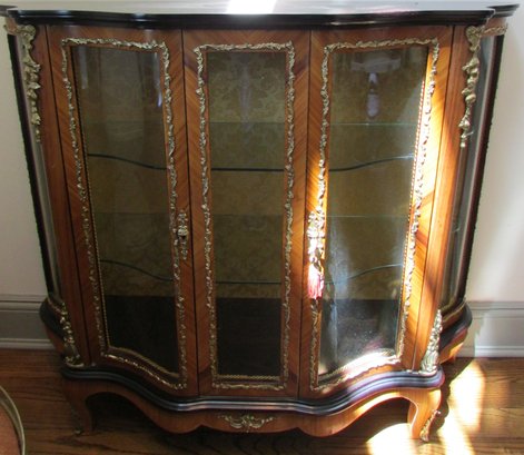 Vintage Curved Glass VITRINE Cabinet, French Style, Wood Veneer & Brass Accents, Approx 39' Tall
