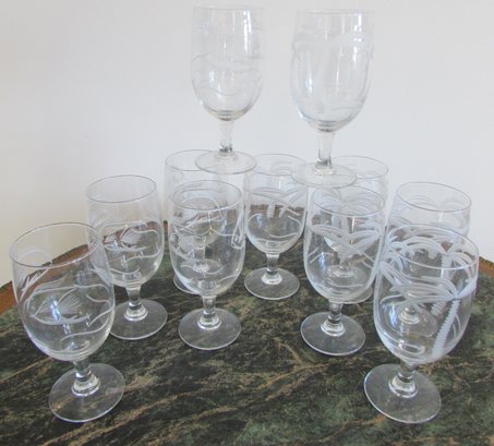 SET Of 11! Vintage WATER Glass Stems, Whimsical FISH & PALM TREE Patterns, Crystal Clear Glass, Approx 7' Tall
