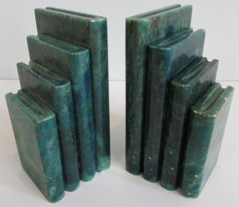 Vintage Pair BOOKENDS, Carved STACK OF BOOKS Design, Green MARBLE?, Approx 5.5' Tall