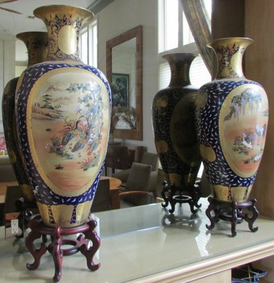 IMPRESSIVE 44' Pair Of JAPANESE Porcelain URNS, Colorful AVIAN BIRD Designs, Cobalt Blue & GOLD, Wood Stands