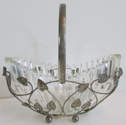 Contemporary Pressed Glass BASKET BOWL, Silverplated Wire LEAF Cage Frame, Crystal Clear Glass, Approx 9' Tall