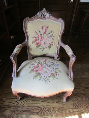 Antique PARLOUR ARMCHAIR, Walnut Finish, NEEDLEPOINT Floral, Wood Frame & Arms, Approx 38' High