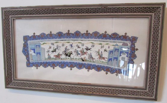 Vintage PERSIAN Style Print, HUNTING SCENE, Mosaic Inlay Style Frame, Approx 21' X 11.75'