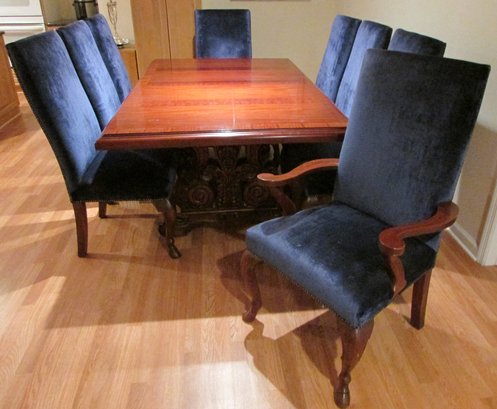 Vintage 7 Piece Dining Room Set, 8 RALPH LAUREN Chairs In Blue Velvet, Wood & Wood Veneer TABLE, Approx 81'