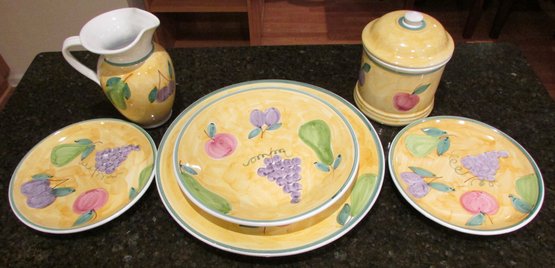 Lot Of 6 Pieces! Vintage CALECA Brand Dinnerware, Multicolor FRUITS Pattern, ITALY, Includes Pitcher & Plates