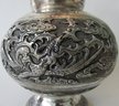 Vintage ASIAN Inspired FLOWER VASE, Dragon Fish Bird Designs, Silver Tone Metal, Approx 8.5' Tall