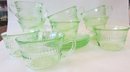 Lot Of 13 Pieces! Vintage HOCKING Brand Depression Glass, ROULETTE Pattern, Cups & Saucers, GREEN URANIUM