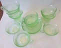 Lot Of 13 Pieces! Vintage HOCKING Brand Depression Glass, ROULETTE Pattern, Cups & Saucers, GREEN URANIUM