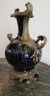 Contemporary IMPORTED Vase, BRASS Or Bronze Metal Handles & Separate Base, COBALT BLUE Glaze,  Approx 15'