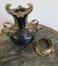 Contemporary IMPORTED Vase, BRASS Or Bronze Metal Handles & Separate Base, COBALT BLUE Glaze,  Approx 15'