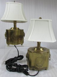 Lot Of 2! Vintage ACCENT LAMPS, Decorative SHIELD Design, Brass Tone Bases, Pagoda Style Shades, Appx 14'