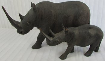 Lot Of 2! Hand Carved RHINOCEROUS, Solid Wood, Imported, Finely Detailed