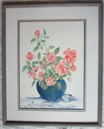 Signed HANNELORE LIVADAS, Original Watercolor On Paper, VASE Of ROSES, Approx 40' X 32.5,' Nicely Framed