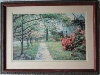 Vintage ETHAN ALLEN Print, A. Thompson, Quiet Neighborhood Morning Scene, Approx 48' X 36,' Framed