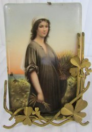 Antique HUTSCHENREUTHER Portrait Tile, Signed WAGNER, Gold Tone Metal Frame, Approx 6' High X 4,' Fine Detail