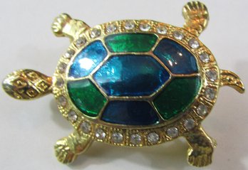 Vintage TURTLE BROOCH PIN, Colorful Decorated Shell, Crystal Clear Rhinestones, Gold Tone Base Metal