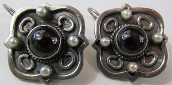 Vintage PAIR Pierced EARRINGS, RED GARNET Stones, Faux Pearls, Sterling .925 Silver Settings