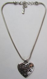 Contemporary BRIGHTON Brand CHAIN Necklace, Oversized Filigree HEART Pendant, Silver Tone Base Metal, Clasp