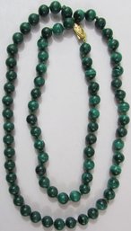 Vintage Single STRAND NECKLACE, Uniform Polished MALACHITE Beads, Appx 28,' Gold Tone Base Metal Closure