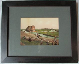 Vintage EILAND MARKEN Print, 'VISCHERSHAVEN EN KERKBUURT,' Approx 17.5' X 14.5,' Black Frame