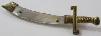 Vintage Brooch Pin, SCIMITAR Sword Design, Faux MOTHER Of PEARL Accent, Gold Tone Base Metal Setting