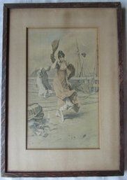 Vintage Woman At The Seaside Print, Approx 16.75' X 11.5,' Nicely Framed