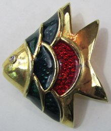 Vintage Brooch Pin, Whimsical ANGEL FISH Design, Multicolor, Rhinestone Eye, Gold Tone Base Metal Setting