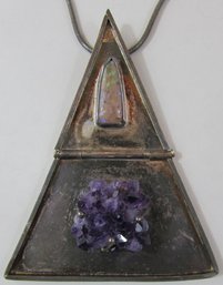 Signed & Handcrafted, Vintage Chain Necklace, AMETHYST Crystal Cluster, Oversized Pendant, Sterling 925 Silver