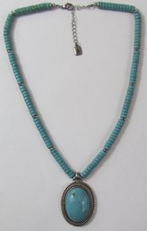 Contemporary CHAPS Necklace, Oversized Faux Turquoise Drop Pendant, Bead Accents, Silver Tone Base Metal Clasp