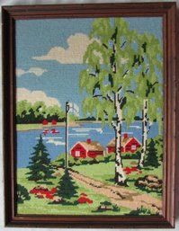 Vintage NEEDLEPOINT: Lakeside Scene, Fine Detail, Approx 20' X 15.5' Size, Framed