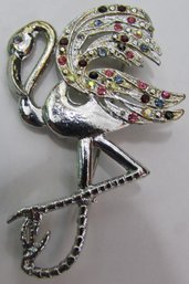 Vintage Brooch Pin, Whimsical FLAMINGO BIRD Design, Multicolor Rhinestones, Silver Tone Base Metal Setting