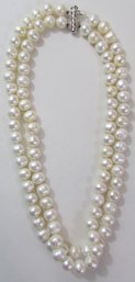 Vintage Double Strand Necklace, Large CULTURED Pearls, STERLING 925 Silver Slide Closure, Approx 18'