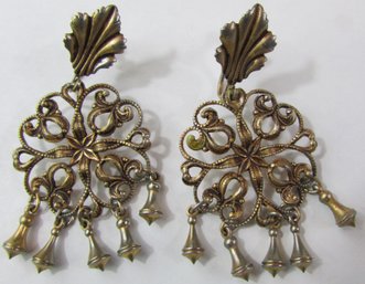 Vintage PAIR Screw Back Earrings, Dangle Filigree Design, Base Metal Construction