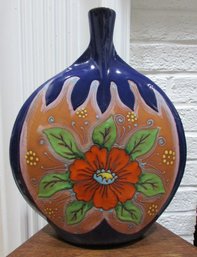 Vintage DE VENDIGES Hand Painted Vase, Red FLOWER Bloom, Glazed & Fired, Approx 13.75' Tall & 11' Wide