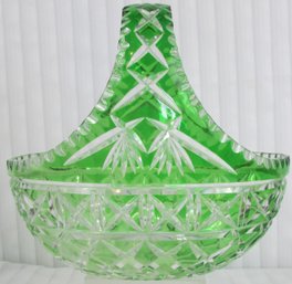 Vintage BOHEMIAN Glass, Handled BASKET, Green Overlay Cut Design, Appx 8.5' Wide