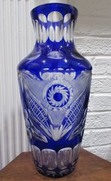 Vintage BOHEMIAN Glass, Large Floral VASE, COBALT BLUE Overlay , Detailed Cut Design, Approx 13' Tall