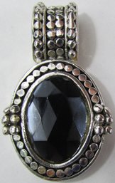 Vintage Drop Pendant, Faceted BLACK Color Central Stone, Silver Tone Base Metal Setting