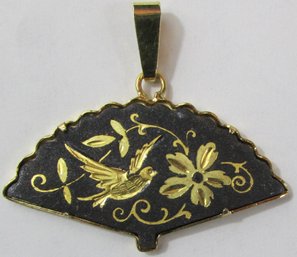 Vintage PENDANT, Intricate Damascene Style, FAN Shape, Bird & Flowers Theme, Gold Tone Base Metal Setting